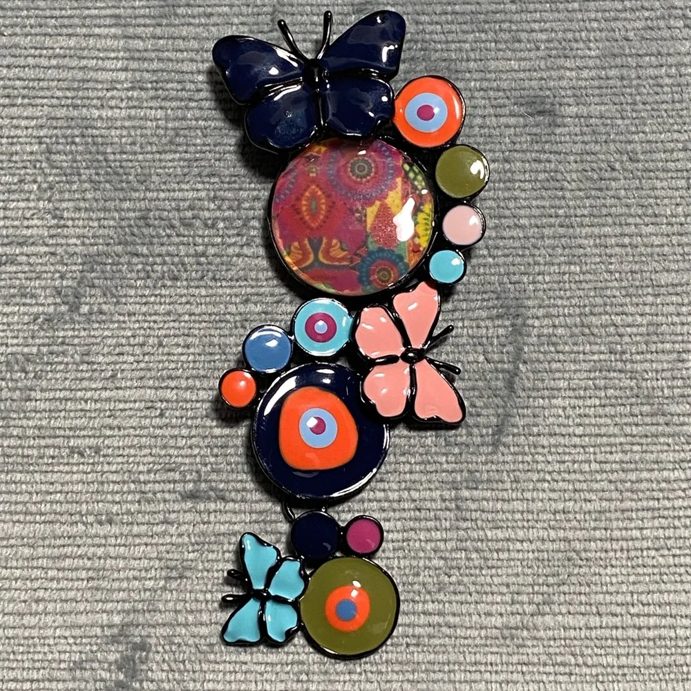 Vintage decorative dangling, colorful enameled pin 3.5 inches long butterflies